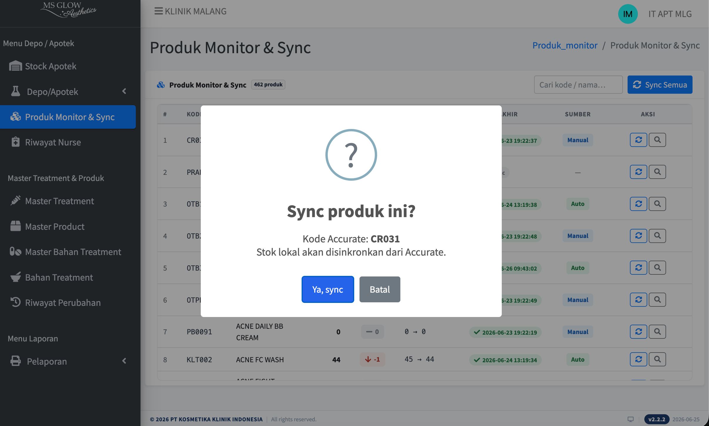 Dialog sync satu produk CR031