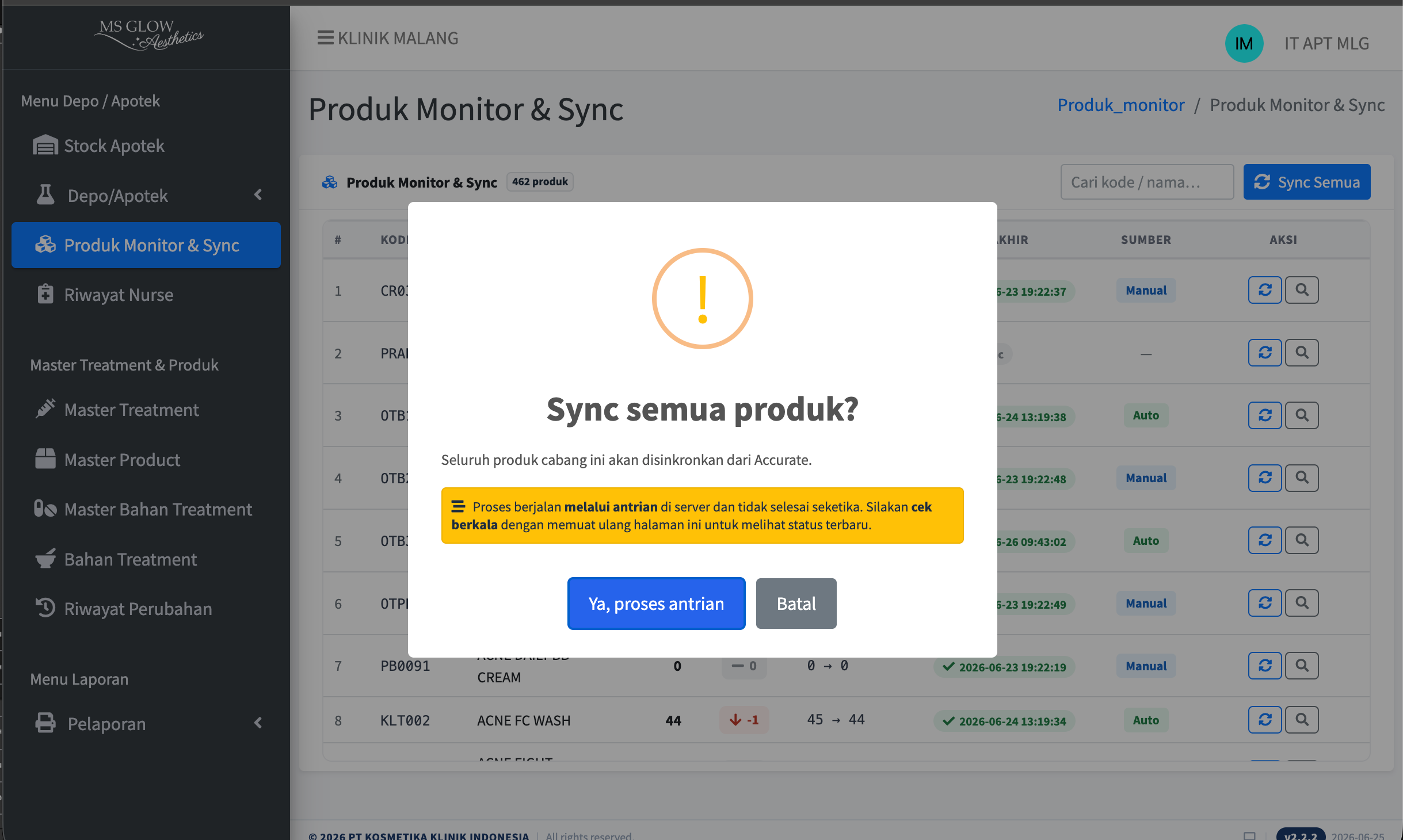 Dialog sync semua produk